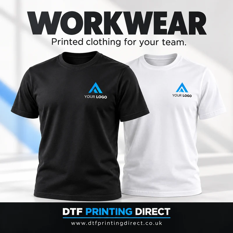 Illustrative black and white printed workwear T-shirts