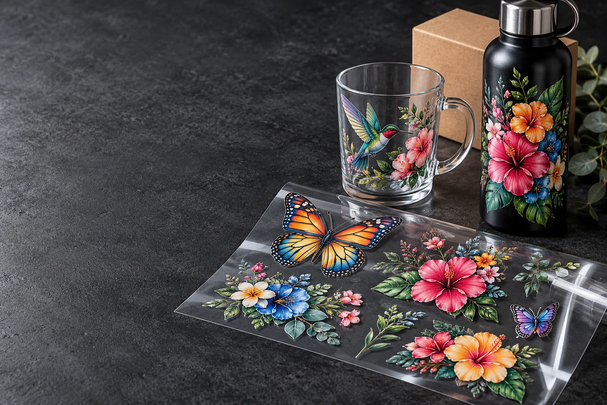 UV DTF film, a decorated glass and a bottle