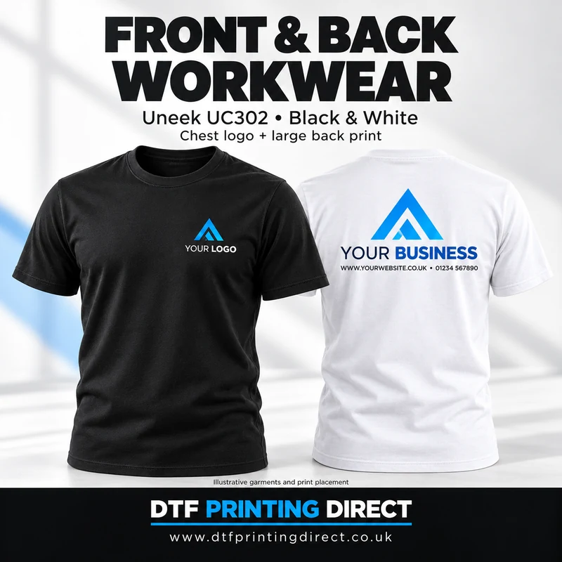 Illustrative black and white workwear T-shirts with chest and back branding