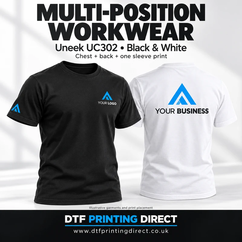 Multi-position workwear — illustrative print placements