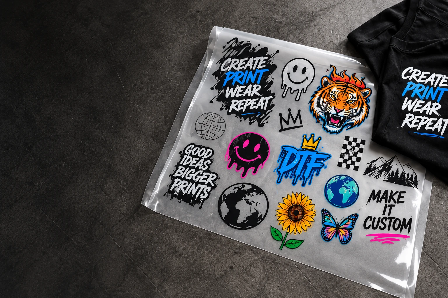 Colourful DTF transfer gang sheet and printed black T-shirt