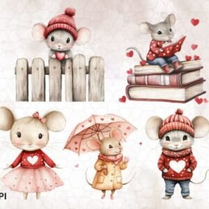 x6 100mm Watercolor Cute Valentines Mouse uvdtf stickers