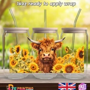 baby highland cow sunflowers  16oz libby cup wrap uvdtf easy to apply sticker cb0024