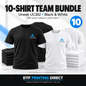 10 Custom Printed Workwear T-Shirts – Team Bundle — illustrative garments and print placement