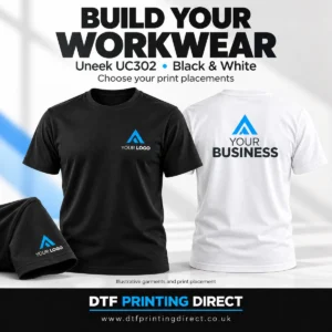 Design Your Workwear T-Shirt — illustrative garments and print placement