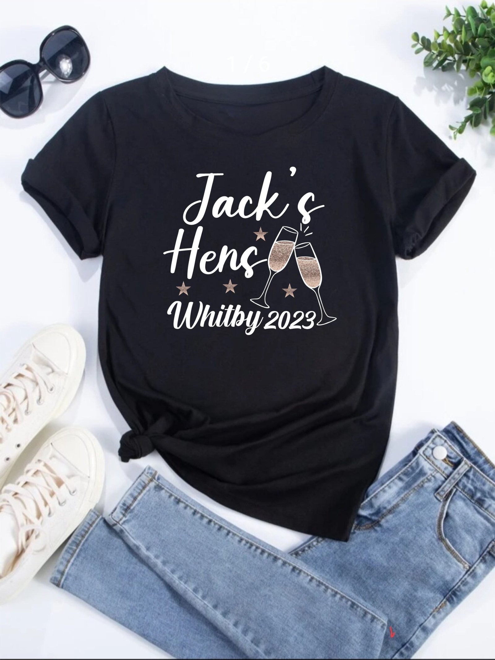Hen night printed Glitter cocktail glass design adult black tshirts
