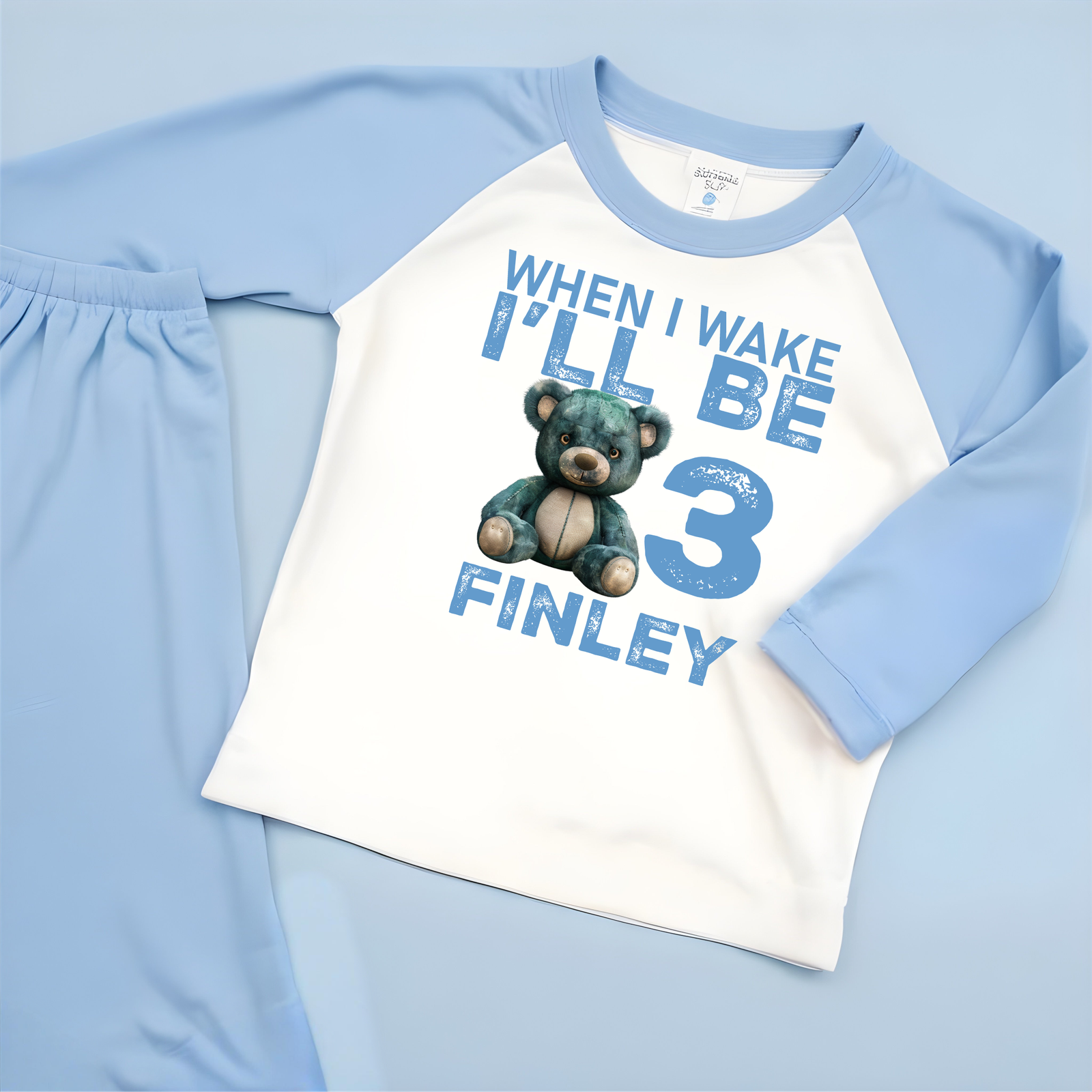 plush soft toy themed pjs over 40 to choose from morning when i wake up personalised pjs raglan blue kids