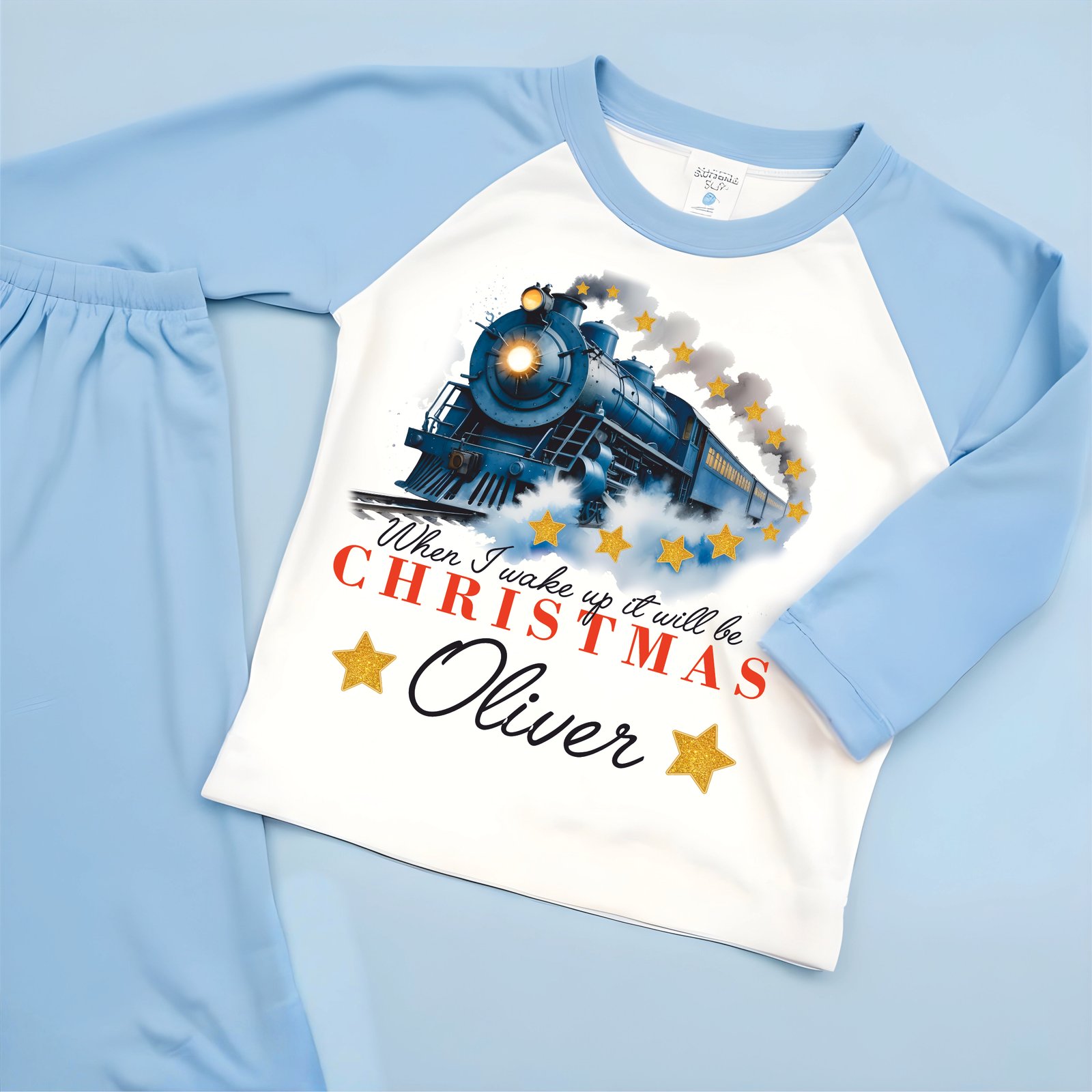 Polar Express morning when i wake up personalised pjs raglan blue kids