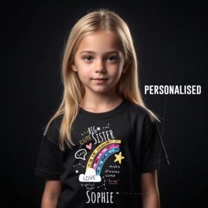 Rainbow big sister cool black personalised tshirt