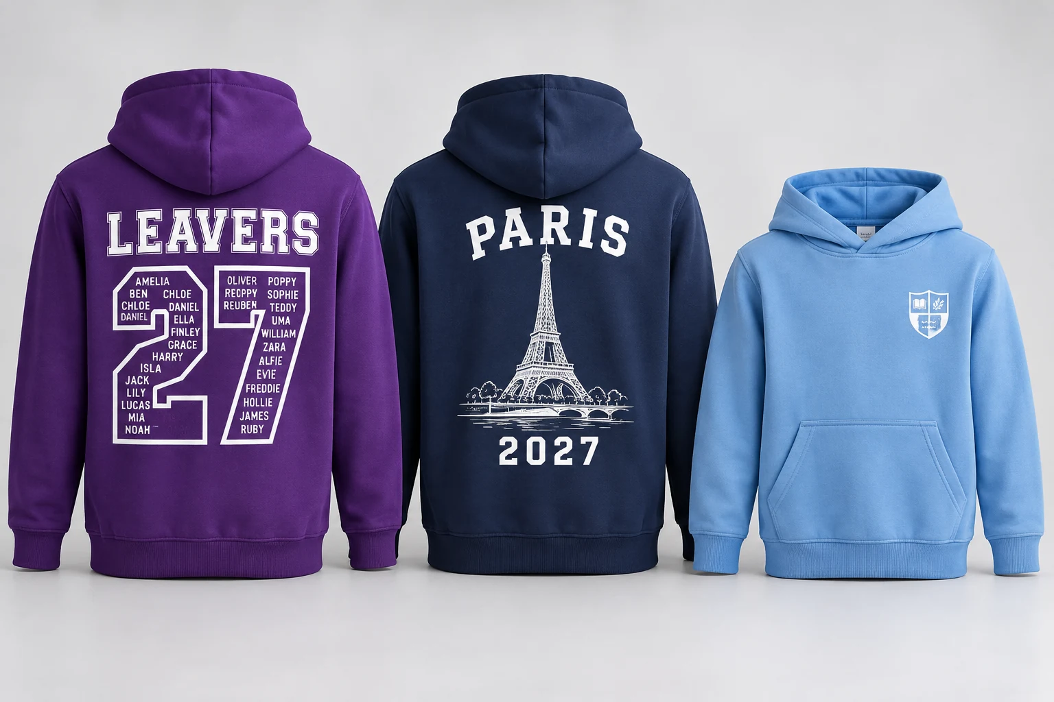 Purple leavers 27 hoodie, navy Paris 2027 trip hoodie and sky blue school hoodie — example designs